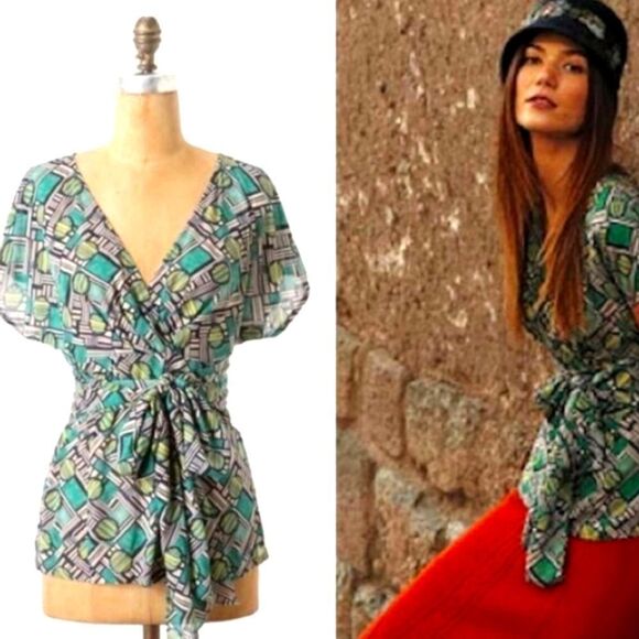Anthropologie Odille Geometric Wrap Blouse Short Sleeve Size 0 - Picture 1 of 14